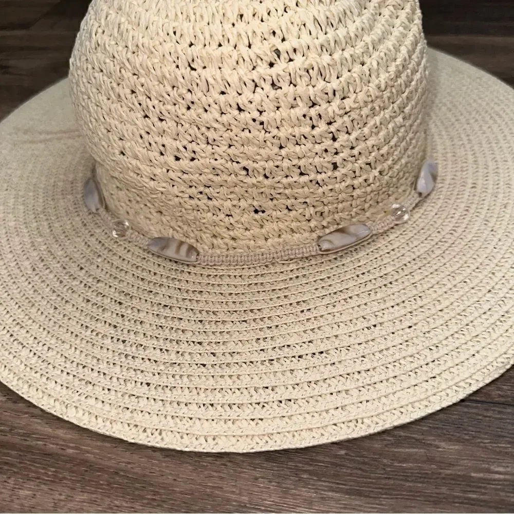 WET Coastal Headwear Wide Brim Straw Sun Hat with Bead Accents  handmade sz M
